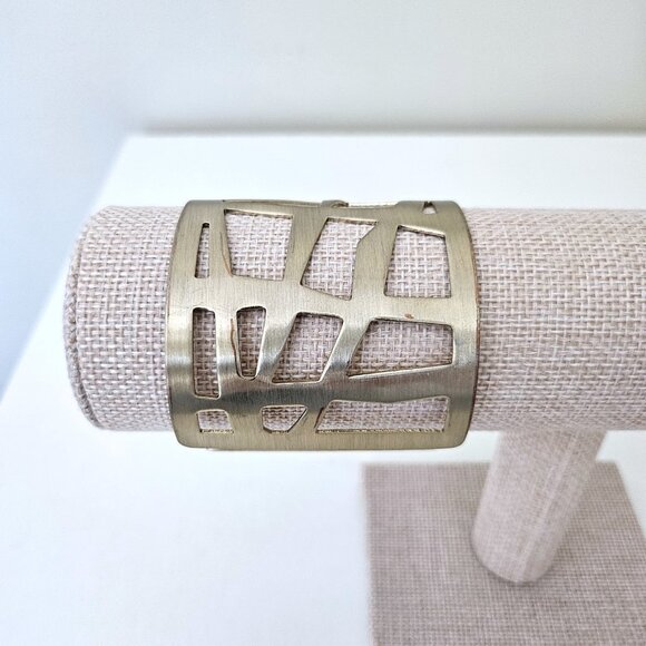 Brushed Gold Tone Geometric Cutout Cuff Bracelet - Picture 7 of 10